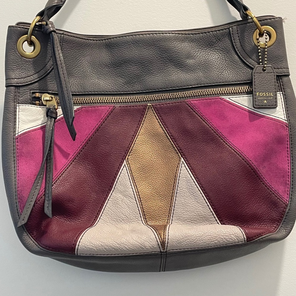 Fossil Gray Leather Geometric Patchwork Hobo Bag … - image 2